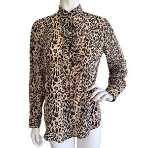 J CREW Animal Print Ruffled Blouse Top 100% Silk Long Sleeve Size 6